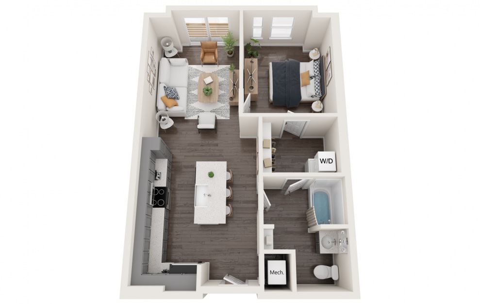 1A - One Bedroom - 1 bedroom floorplan layout with 1 bath and 701 square feet.