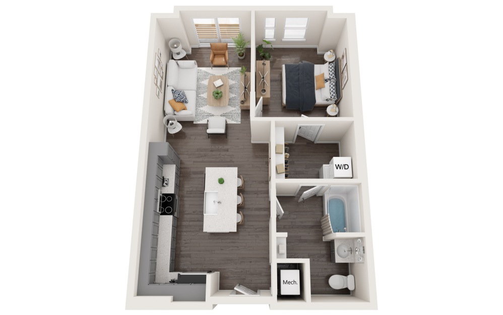 1A - One Bedroom - 1 bedroom floorplan layout with 1 bathroom and 701 square feet