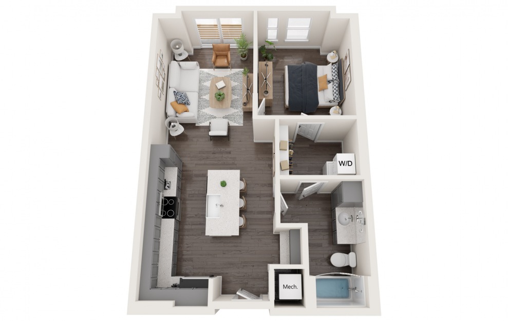 1B - One Bedroom - 1 bedroom floorplan layout with 1 bath and 701 to 718 square feet.
