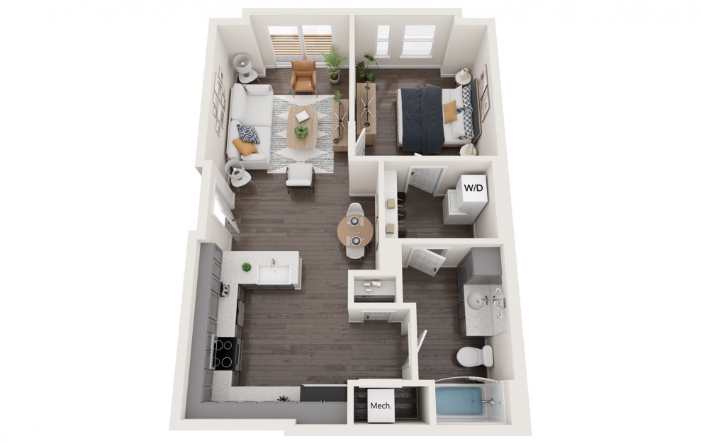 1C - One Bedroom - 1 bedroom floorplan layout with 1 bath and 701 to 718 square feet.