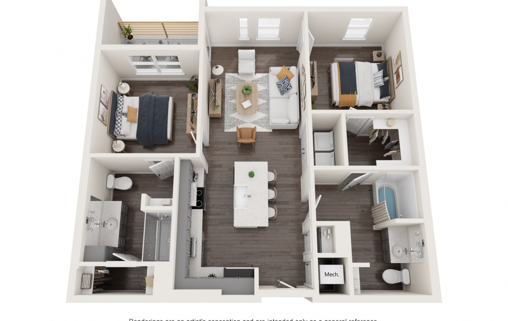 2A - Two Bedroom - 2 bedroom floorplan layout with 2 baths and 998 square feet. (3D)