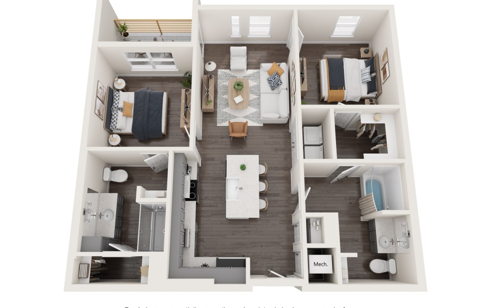 2A - Two Bedroom - 2 bedroom floorplan layout with 2 bathrooms and 998 square feet (3D)