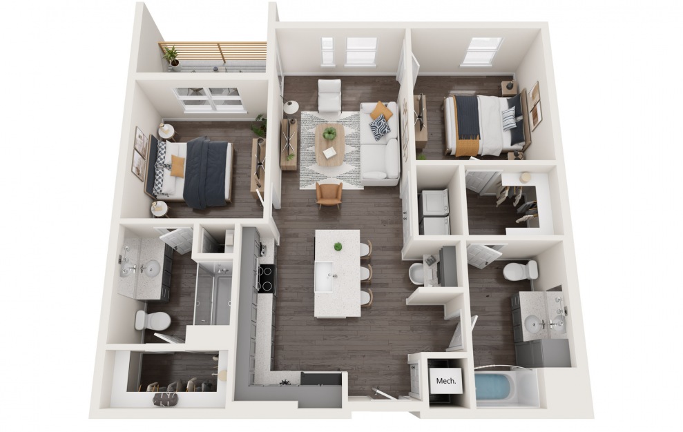 2B - Two Bedroom - 2 bedroom floorplan layout with 2 baths and 998 to 1034 square feet.