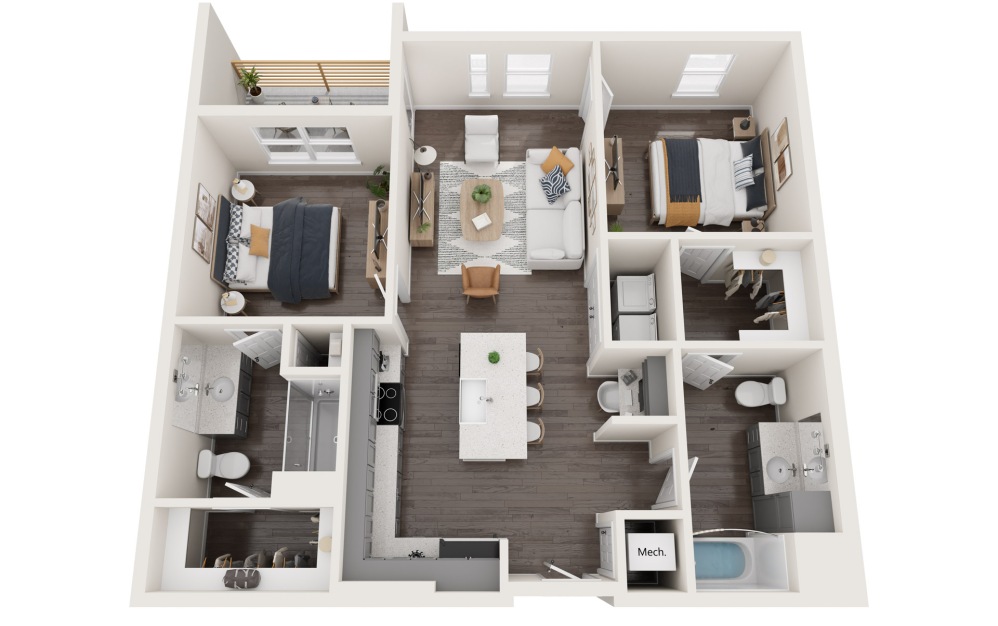 2B - Two Bedroom - 2 bedroom floorplan layout with 2 bathrooms and 998 - 1034 square feet