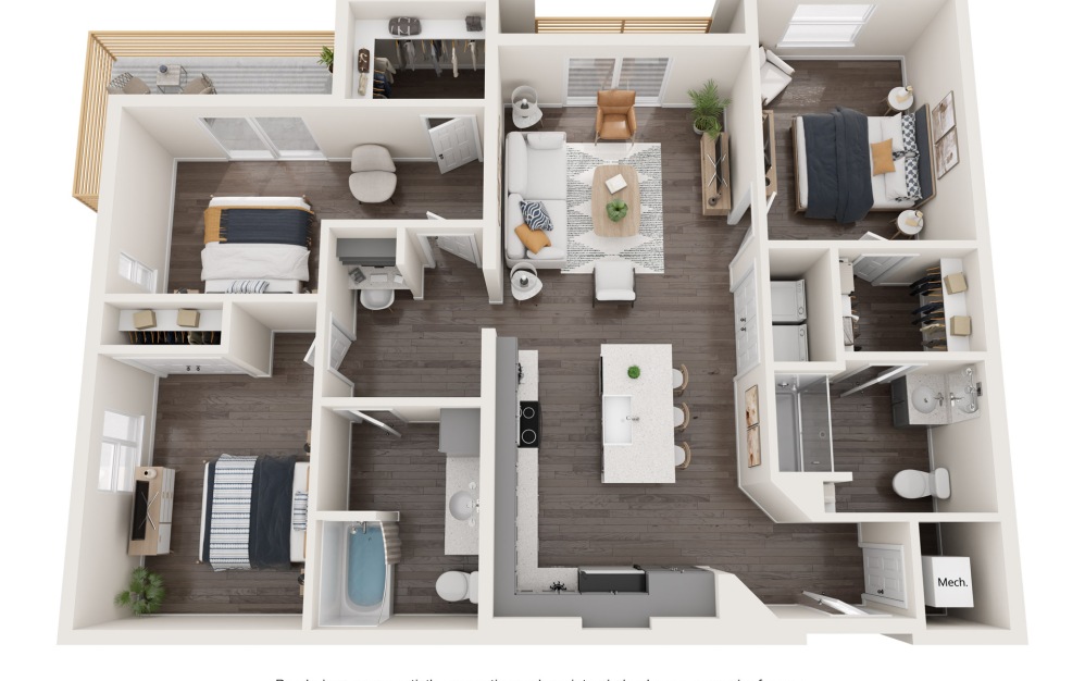 3A - Three Bedroom - 3 bedroom floorplan layout with 2 bathrooms and 1289 square feet (3D)