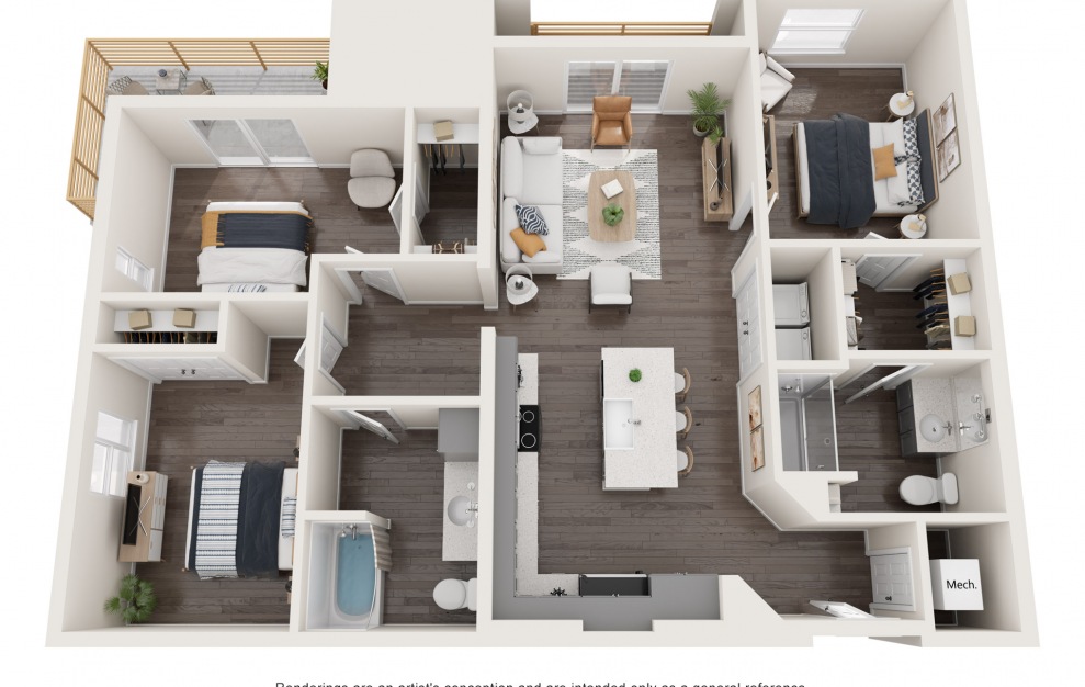 3C - Three Bedroom - 3 bedroom floorplan layout with 2 baths and 1244 square feet. (3D)