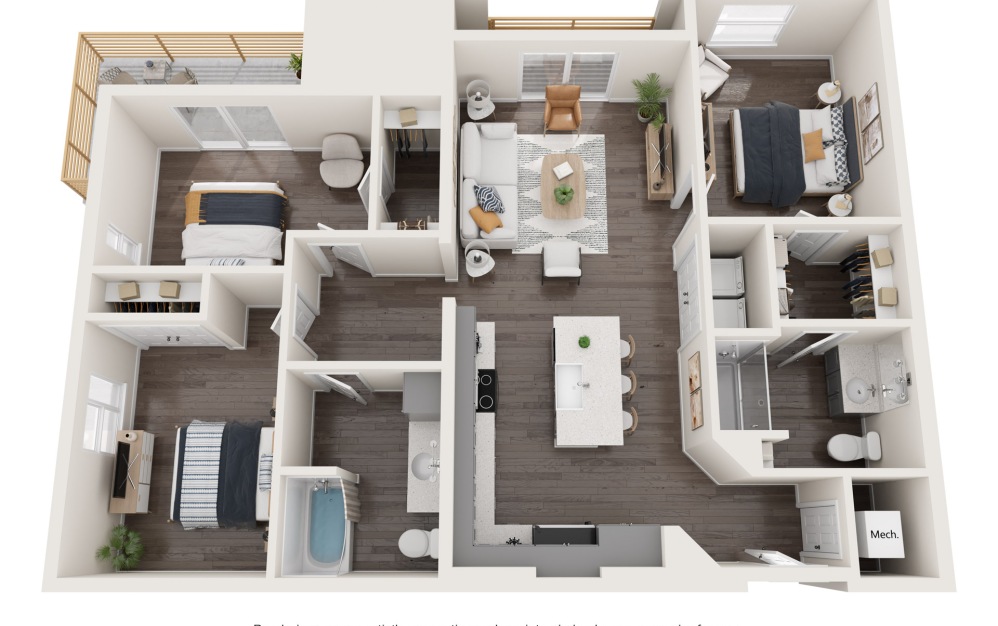 3C - Three Bedroom - 3 bedroom floorplan layout with 2 bathrooms and 1244 square feet (3D)